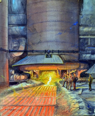 Steel workers casting girders, 1917 by Charles John de Lacy
